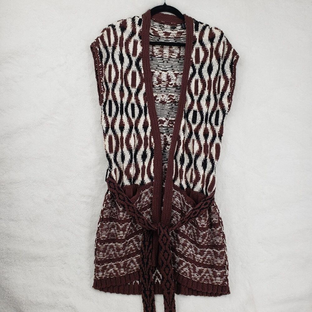 Knitted & Knotted Sweater Vest Women Medium Geometric Belted Pockets Bohemian